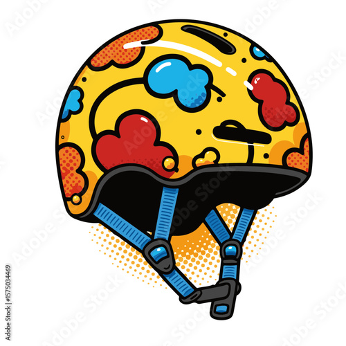 Vibrant pop art helmet featuring bold colors and dynamic shapes, isolated on white, concept of fun and safety in sports gear, skate shop, outdoor sporting goods