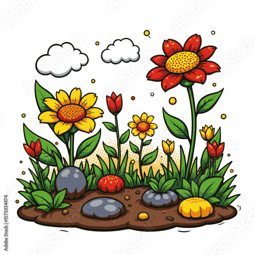 Vibrant pop art organic garden with bold flowers and colorful shapes isolated on white, concept of gardening and sustainable living.