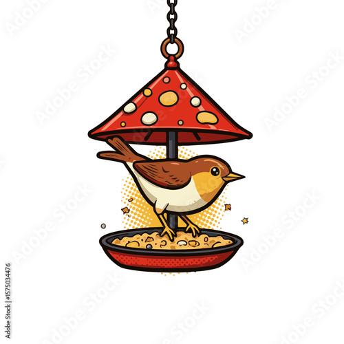 Vibrant and playful pop art bird feeder with a cute bird perched, isolated on white background, concept of wildlife attraction and outdoor enjoyment.