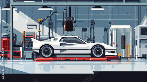 Modern Car Production Assembly Line Flat Vector Illustration