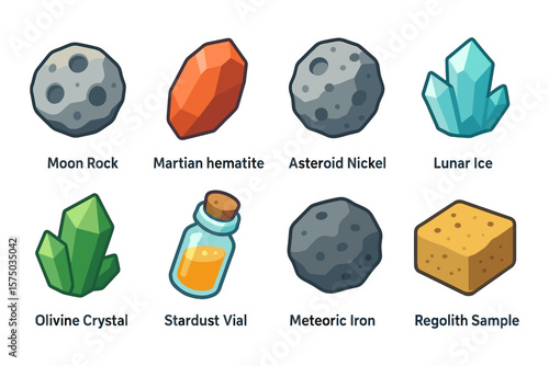 Cartoon space rocks and minerals collection with labels for educational use