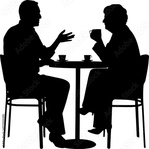A black silhouette scene of intergenerational conversation: a young man and older woman seated at a small modern cafe table, central composition, with coffee cups and expressive hand movements highlig