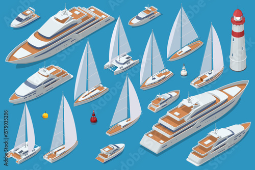 An extensive Isometric collection of diverse luxury yachts, sailboats, and motorboats, alongside nautical elements like buoys and a lighthouse, all on a blue background