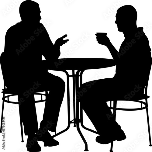 Silhouettes of two casually dressed figures seated at a round outdoor table—one mid-gesture and the other holding a cup mid-sip. The image captures the dynamics of a meaningful conversation from a sli