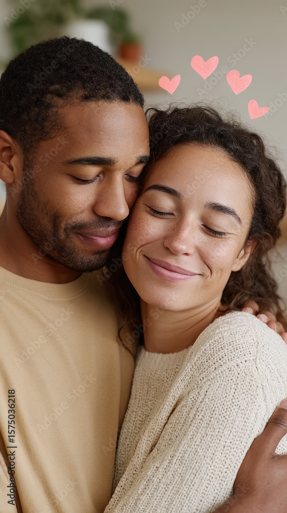 Obraz premium Young african male and hispanic female embracing with hearts