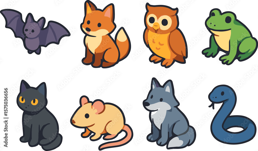 Cute cartoon animals collection: bat, fox, owl, and more in playful style Cute cartoon animals collection: bat, fox, owl, and more in playful style