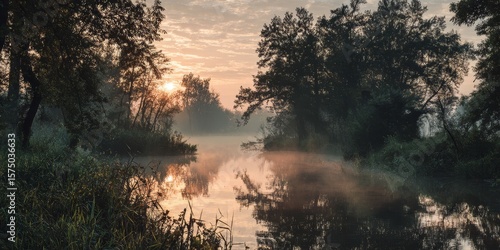 Misty River at Dawn: A serene river gently flows through a lush forest at dawn, veiled in a soft, ethereal mist as the sun begins to peek over the horizon.
