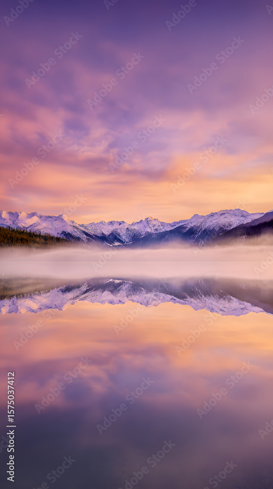 Fototapeta premium Serene mountain reflections shimmer on a tranquil lake under a breathtaking, colorful sky at dusk, offering a peaceful vista.