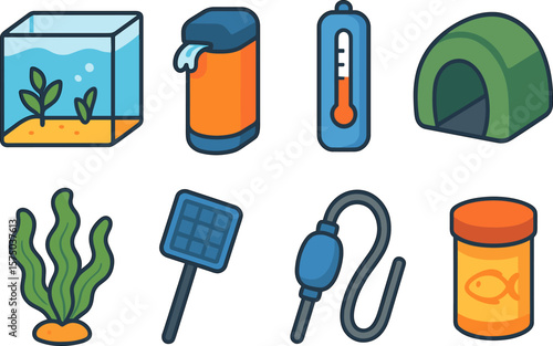 Aquarium supplies icons set: fish tank, plants, water filter, thermometer