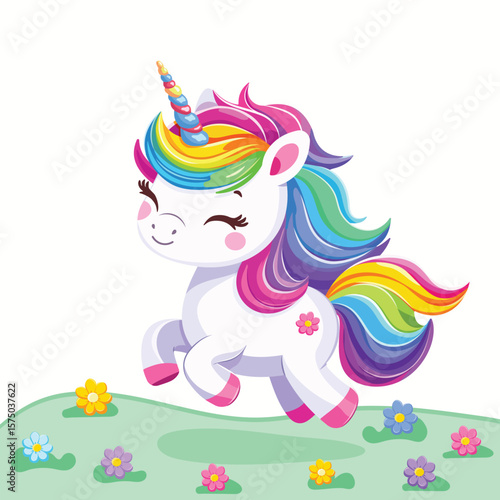Very cute baby unicorn with beautiful bright colored hair on white background with flowers. Poster, banner, flyer, greeting card. Vector illustration in flat cartoon style