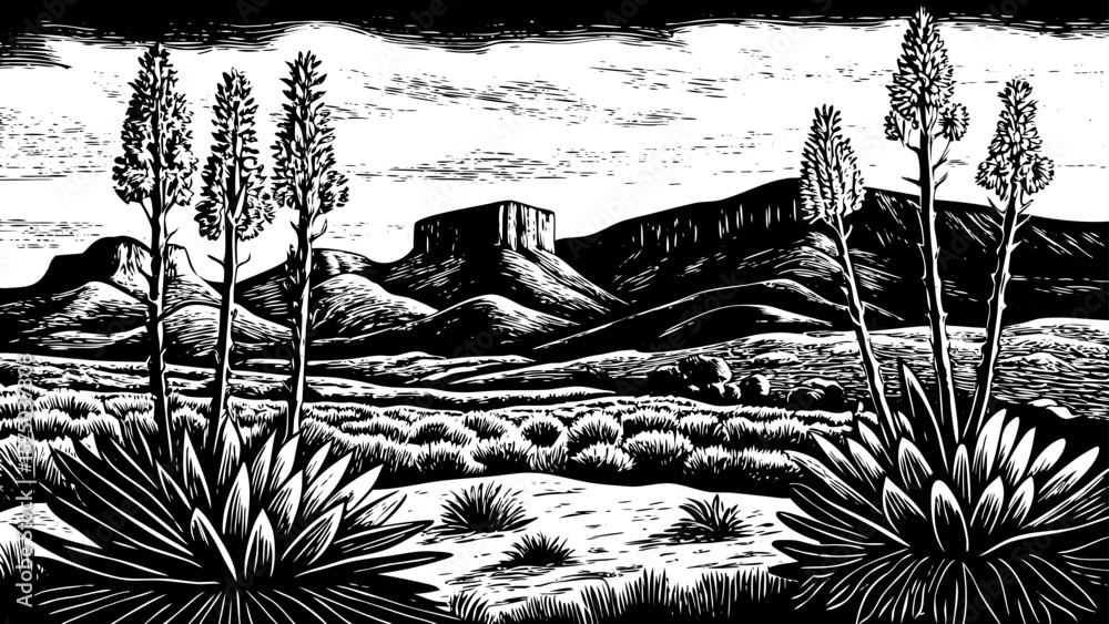 Fototapeta premium Texas’ Chihuahuan Desert with agave plants, mesas, and desert wildlife interpreted in bold black and white line art illustration great for biology, maps, or eco-travel guides