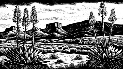 Texas’ Chihuahuan Desert with agave plants, mesas, and desert wildlife interpreted in bold black and white line art illustration great for biology, maps, or eco-travel guides