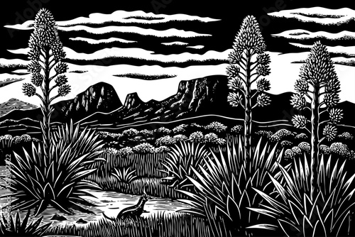 Texas’ Chihuahuan Desert with agave plants, mesas, and desert wildlife interpreted in bold black and white line art illustration great for biology, maps, or eco-travel guides