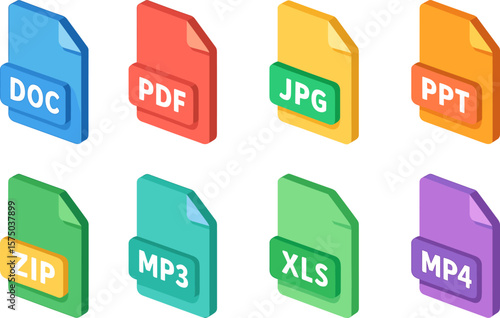 Colorful isometric file icons set with various formats