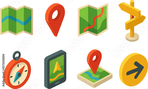 Isometric map and navigation icons for travel apps and directions