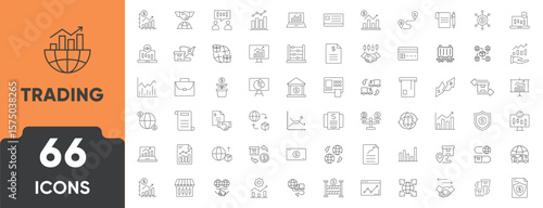 International Trading Line Icon Set. Set of 60 outline icons including global trade, export, import, shipping, logistics, currency, and agreement. Editable stroke. Linear vector illustration.
