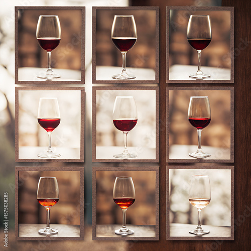 Various wine glasses filled with different red wines on display  