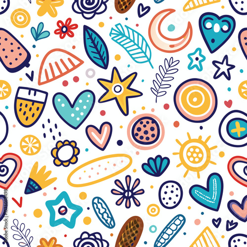 Colorful, abstract, playful pattern with various shapes and elements