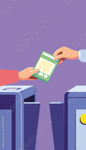 Digital ticket being scanned at a turnstile, minimalistic vector illustration, purple and lime tones, representing efficiency and modern transportation concept