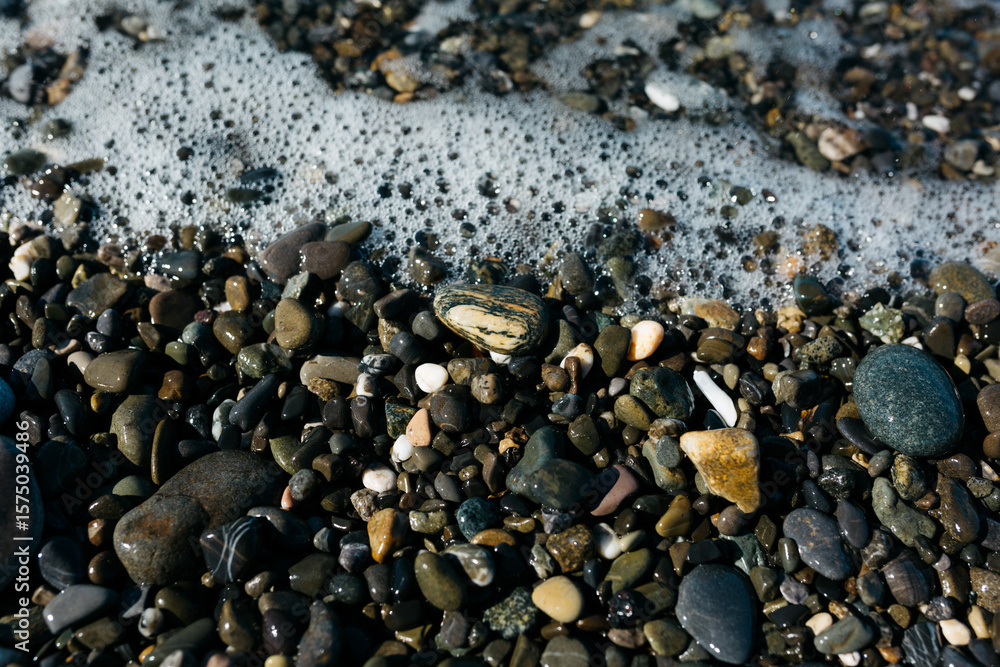 glossy stones washed by the sea wave shine from the rays of the sun on a summer day. pebbles on the city beach.the concept of environmental protection from pollution by petroleum products and plastics glossy stones washed by the sea wave shine from the rays of the sun on a summer day. pebbles on the city beach.the concept of environmental protection from pollution by petroleum products and plastics