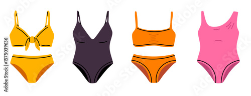 Set of colorful women's swimwear including bikini, one-piece and two-piece swimsuits. Summer beachwear collection for fashion, vacation or clothing design.