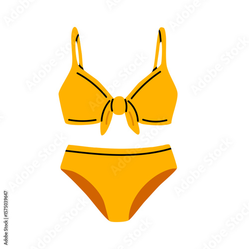 Bright yellow bikini with knotted top and simple bottoms. Stylish summer swimwear for fashion and vacation themes.