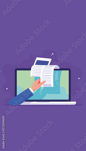 Digital hand reaching for printed ticket emerging from laptop screen, purple minimalistic background, concept of online services and ticketing businesses.