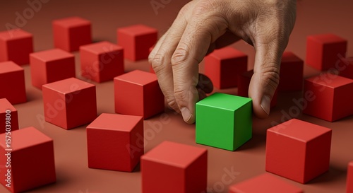 Abstract green cube among red cubes on smooth background, business strategy metaphor