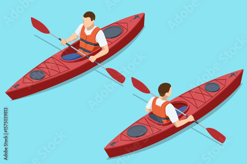 An Isometric illustration featuring two people, a man and a woman, paddling red kayaks on a calm blue body of water, wearing life vests.