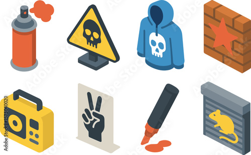 Urban street art set with graffiti elements and sign icons in isometric style