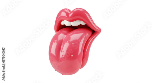Pink sensual human lips with sticking out wet tongue in 3D illustration. Dental hygiene concept on transparent background.