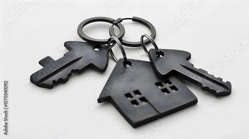 Dark, stylized house-shaped keychains and keys, ready for a new home.