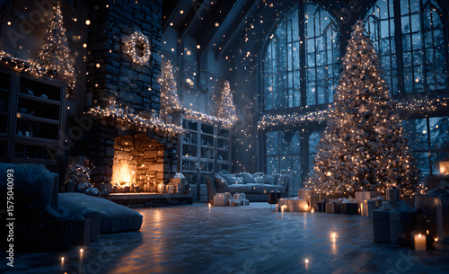 Wallpaper Mural interior christmas. magic glowing tree, fireplace, gifts in dark Torontodigital.ca