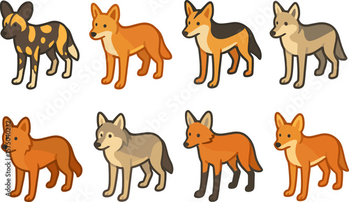 Colorful cartoon dogs from different breeds in standing poses