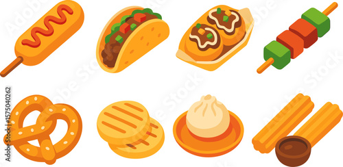 Colorful isometric street food collection: tacos, skewers, churros, dim sum, and more