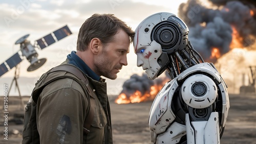 Wallpaper Mural Human and robot face to face concept art ai generated image of technology and future war scene Torontodigital.ca