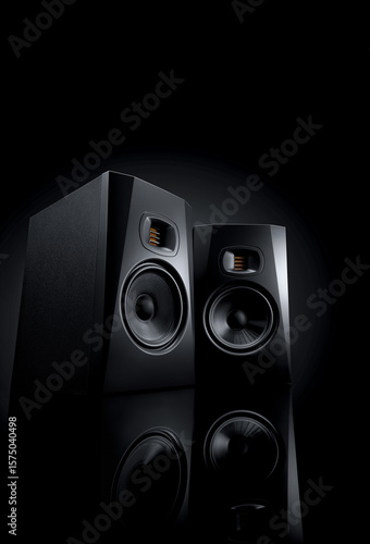 Fotografie Pair of high-end studio monitors and professional headphones with gold-plated jack on reflective black surface