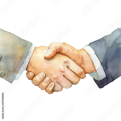 Business handshake vector illustration in a clean watercolor style. Business agreement concept. Partnership symbol, cooperation, success and teamwork. Two hands clasped in a gesture of trust.