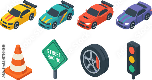 Isometric racing set with cars and traffic elements for games and designs