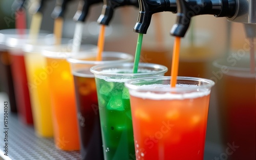 Colorful drinks being dispensed from a fountain, showcasing a variety of refreshing soda choices in clear cups. High quality