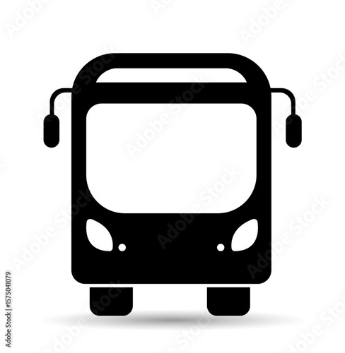 Front-view bus icon in black silhouette, designed in a minimalist style on a white background. Represents public transportation and daily commuting