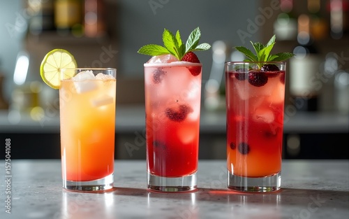 Wallpaper Mural Cocktails or mocktails cold drinks. Classic summer refreshing long drink in highballs with berries, lime, herbs and ice on gray bar counter background. High quality Torontodigital.ca