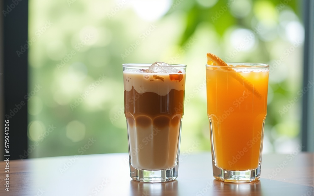 Two glasses of refreshing drink, iced coffee with milk and iced coffee with orange juice on the table near the window. Cold drinks for the summer at home. High quality Two glasses of refreshing drink, iced coffee with milk and iced coffee with orange juice on the table near the window. Cold drinks for the summer at home. High quality