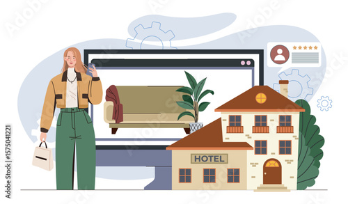 Woman booking hotel online concept. Vector illustration