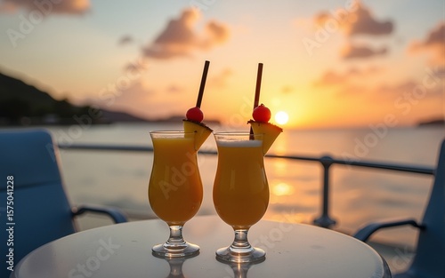 Two pineapple cocktails sit on a boat table at sunset, offering a refreshing drink to enjoy the beautiful scenery. High quality