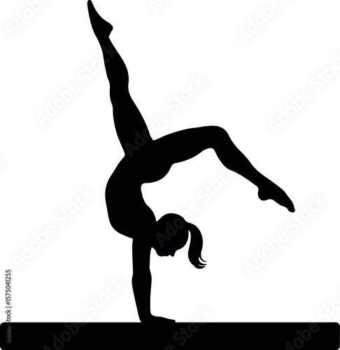 Silhouette of Female Gymnast on Beam Performing Handstand