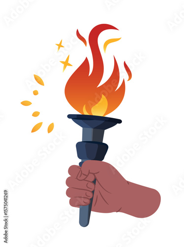Hand holding flaming torch with, flat graphic style, isolated on white background. Concept of freedom, power, activism, liberty. Flat vector illustration