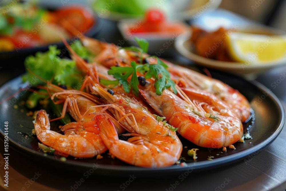 Delicious grilled shrimps seasoned with parsley and lemon zest are served on black plate in restaurant Delicious grilled shrimps seasoned with parsley and lemon zest are served on black plate in restaurant