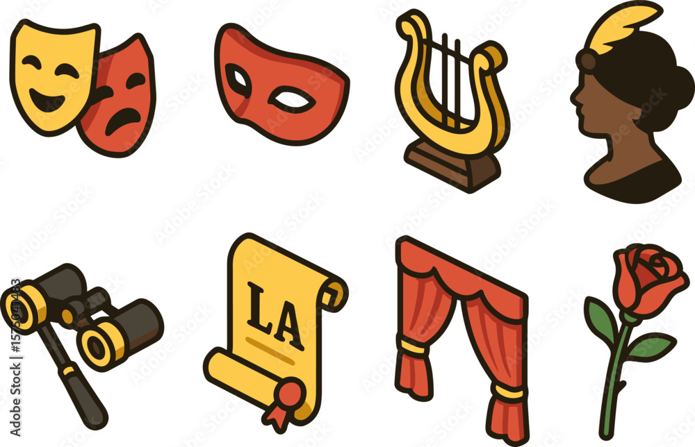 Fototapeta premium Colorful theater and drama icons featuring masks, instruments, and flowers