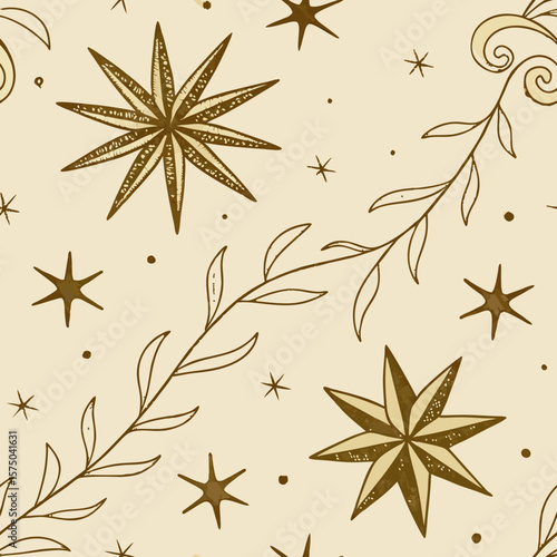 A charming seamless pattern blending vintage star shapes with delicate leaves and swirls, perfect for dreamy, celestial, or bohemian-themed projects.